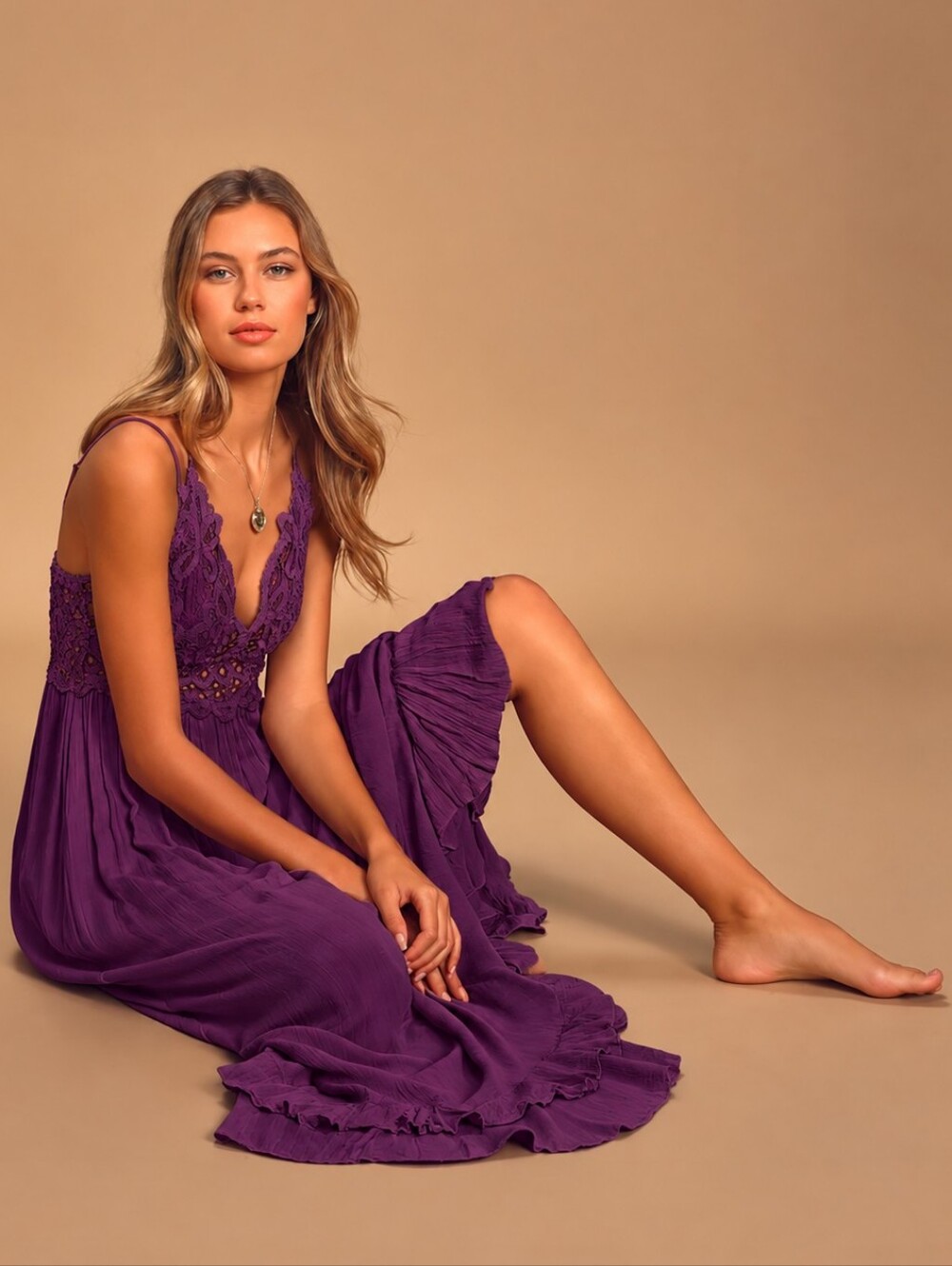 FREE PEOPLE Purple Adella Lace Bohemian Chic Flowy Feminine Festive Maxi Dress